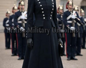 Estilo militar victoriano, abrigo de lana negro para mujer, abrigo largo de moda para damas,