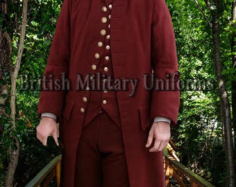 Abrigo de recreación histórica, traje de hombre del siglo XVIII, levita colonial burdeos,