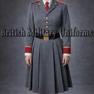 May include: A grey military uniform with a red tie, gold buttons, and red and gold detailing on the shoulders and cuffs. The uniform features a skirt and a black belt with a gold buckle. The text "British Military Uniforms" is visible.