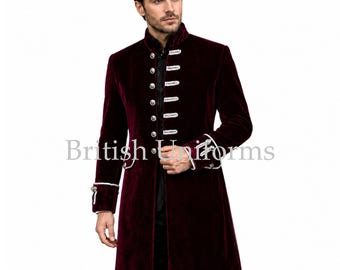 Cappotto militare da uomo in velluto bordeaux, giacca gotica vittoriana, frac regency, cappotto steampunk,