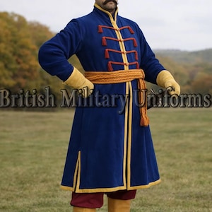 Costume storico medievale, tunica militare tradizionale, cappotto cosacco blu da uomo,