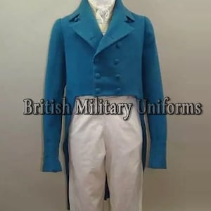 Handmade Blue Wool Regency Tailcoat: 19th Century Mr. Darcy Style
