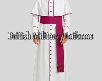 May include: A white robe with a matching cape, trimmed in burgundy, and a burgundy sash. The robe has a row of burgundy buttons down the front. The text "British Military Uniforms" is displayed across the image.