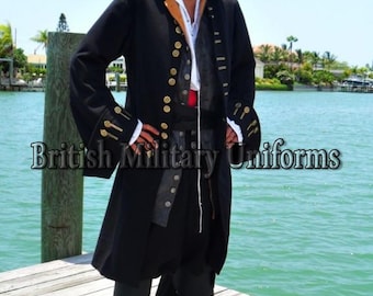 May include: A black military-style coat with gold buttons and trim, paired with black pants and boots. The coat has long sleeves and a white collar. The text "British Military Uniforms" is visible.