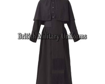 May include: A black military uniform with a high collar and a cape. The uniform has long sleeves and a long skirt. The text "British Military Uniforms" is printed on the image.