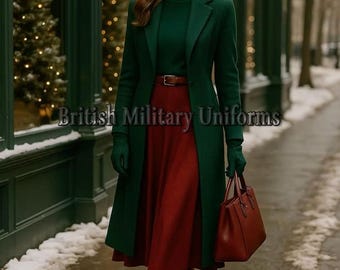 Women’s Winter Overcoat, Regency Costume, Elegant Green Wool Trench Coat, Christmas Outfit