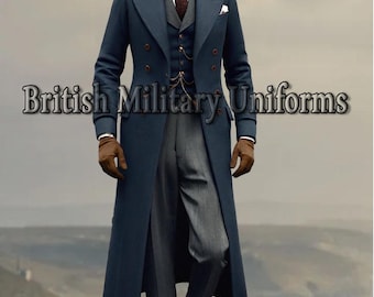 Blue Wool Military Frock Coat: Victorian Steampunk Wedding Attire