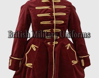 May include: A burgundy velvet military jacket with gold trim and buttons. The jacket features a high collar, decorative gold rope detailing, and the text "British Military Uniforms".