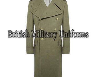 オリーブグリーンのウール製グレートコート：イギリス陸軍スタイルの