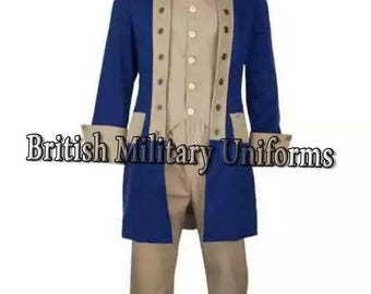 May include: A blue military uniform with a cream-colored vest and pants. The long-sleeved coat has cream-colored cuffs and lapels. The text "British Military Uniforms" is displayed across the bottom of the image.
