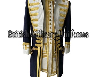 May include: A navy blue military uniform coat with white and gold accents. The coat features gold buttons, trim, and epaulettes. The text "British Military Uniforms" is displayed across the image.