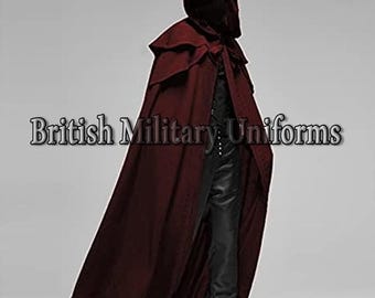 Medieval Monk's Cloak, Gothic Long Hooded Cape, Burgundy Wool Cloak, Halloween Cosplay Costume