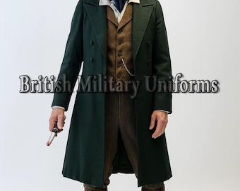 Dark Green Wool Frock Coat: Regency Victorian Steampunk Style