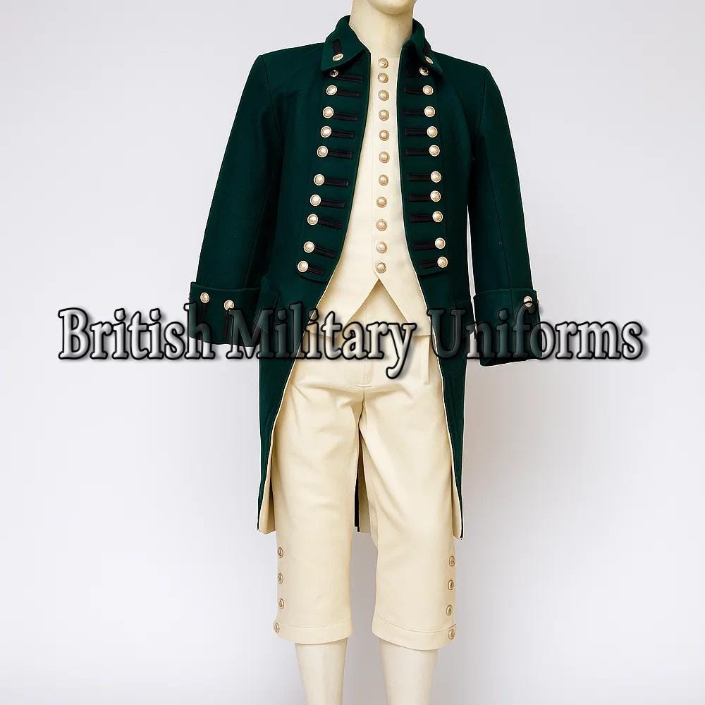 1779th British Military Uniform, Green Wool Revolutionary War Uniform