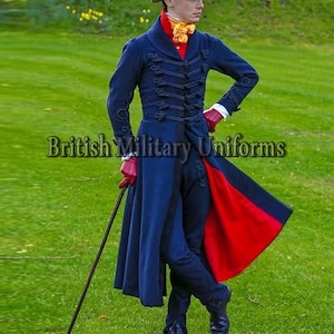 May include: A navy blue military coat with a red lining, worn with matching pants and black boots. The coat features decorative buttons and is paired with red gloves and a yellow ascot. The text "British Military Uniforms" is displayed.