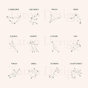 May include: A beige background features twelve zodiac constellations, each labeled with its astrological sign. The constellations are depicted as interconnected dots and lines, with the names of the signs written in a serif font above each constellation.