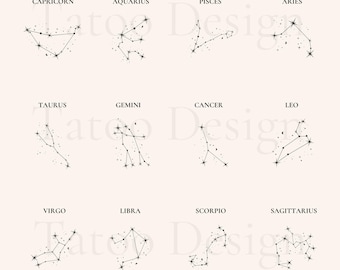 Minimalist tattoo designs astrological signs constellation, patterns in JPG, PNG and PDF format