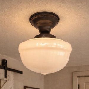Antique Acorn Schoolhouse Ceiling Light Fixture Opal Semi Flush Mount -Milk Glass Lighting Lamp Farmhouse Vintage Kitchen Bathroom Vintage