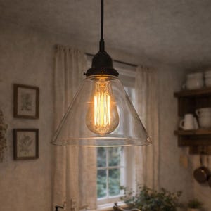 Rustic Pendant Light 1970's Glass Lighting with Exposed Socket - Hanging Bathroom Kitchen Lighting Fixtures Illumination Lamps Over the Sink