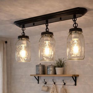Mason Jar Chandelier – Farmhouse Island Lighting, Rustic Trio
