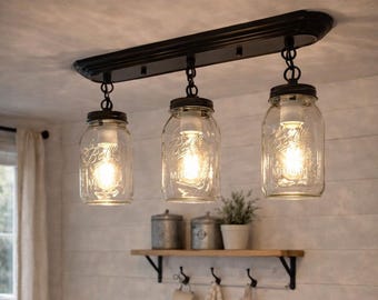 Mason Jar Chandelier – Farmhouse Island Lighting, Rustic Trio