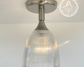 Slender Factory Holophane 1960's Clear Glass Ceiling Light Fixture Brushed Nickel -Vintage Industrial Kitchen Bathroom Mount Lighting Lamp