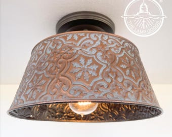 Ornate Copper Ceiling Light Flush Mount Farmhouse - Metal Kitchen Island Bathroom Laundry Room Living Room Cottage Lamp Pendant Chandelier