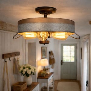 Modern Farmhouse Galvanized & Copper Tone Metal Flat Tub Ceiling Light Wood Accents- Flush Mount Lighting Fixture Bathroom Laundry Kitchen