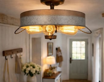 Plafonnier plat en métal galvanisé et cuivre moderne, accents de bois, luminaires à encastrer pour salle de bain, buanderie, cuisine
