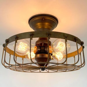 Rustic Industrial Cage Chandelier Light - Flush Mount Lighting Fixture Farmhouse Ceiling Kitchen Edison Bulb Rustic Dining Hanging Bathroom image 11