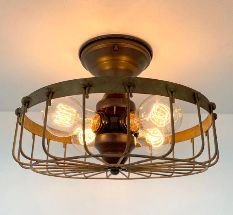 Rustic Industrial Cage Chandelier Light - Flush Mount Lighting Fixture Farmhouse Ceiling Kitchen Edison Bulb Rustic Dining Hanging Bathroom image 11