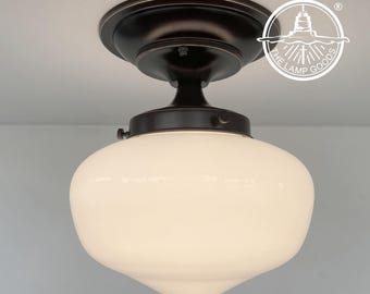 BRONZE MODERN SCHOOLHOUSE Milk Glass Ceiling Light Fixture Semi Flush Mount Lighting Lamp Farmhouse Kitchen Bathroom Dining Room Laundry