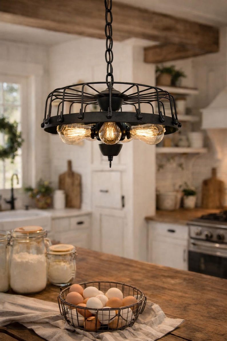 Rustic Industrial Cage Chandelier Light - Flush Mount Lighting Fixture Farmhouse Ceiling Kitchen Edison Bulb Rustic Dining Hanging Bathroom image 1