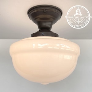 Antique Acorn Schoolhouse Ceiling Light Fixture Opal Semi Flush Mount -Milk Glass Lighting Lamp Farmhouse Vintage Kitchen Bathroom Vintage