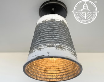 Distressed LARGE Corrugated FARMHOUSE BARN Metal Galvanized Rustic Light Flush Mount Ceiling Lighting Kitchen Cottage Bathroom Cabin Mancave
