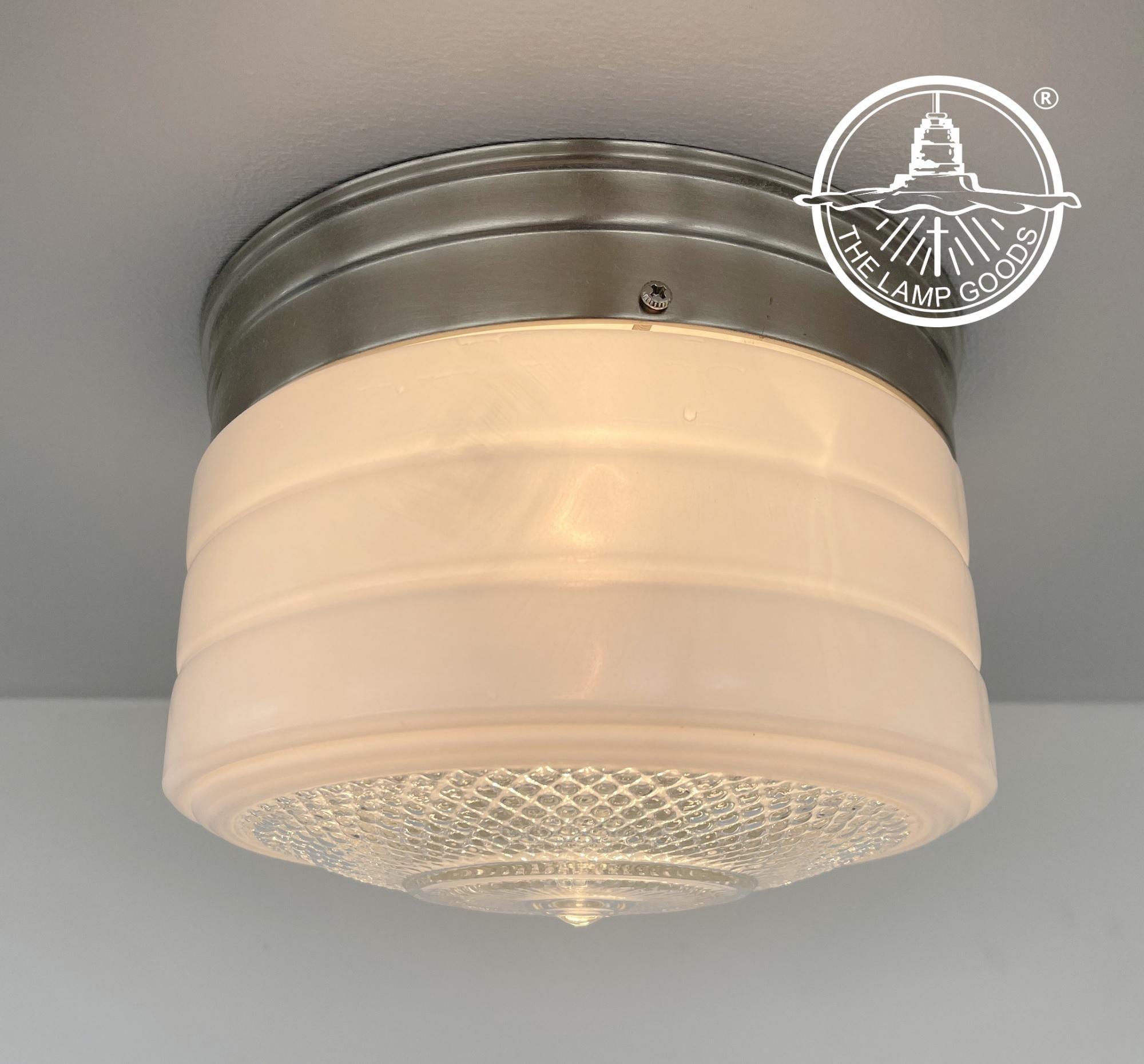 Retro 1960's vintage antique drum flush mount frost clear ceiling light brushed nickel - chandelier lighting fixture kitchen island bathroom