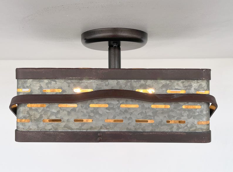 Plafonnier rectangulaire galvanisé rustique - Lampe industrielle en métal à encastrer dans la cuisine, l'éclairage de la ferme, l'homme des cavernes image 9
