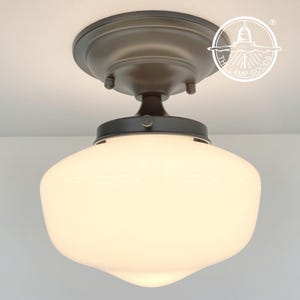 Vintage Schoolhouse Opal Milk Glass Ceiling Light With Dusty BLUE HARDWARE -Farmhouse Flush Mount Lighting Traditional Kitchen Lamp Bathroom