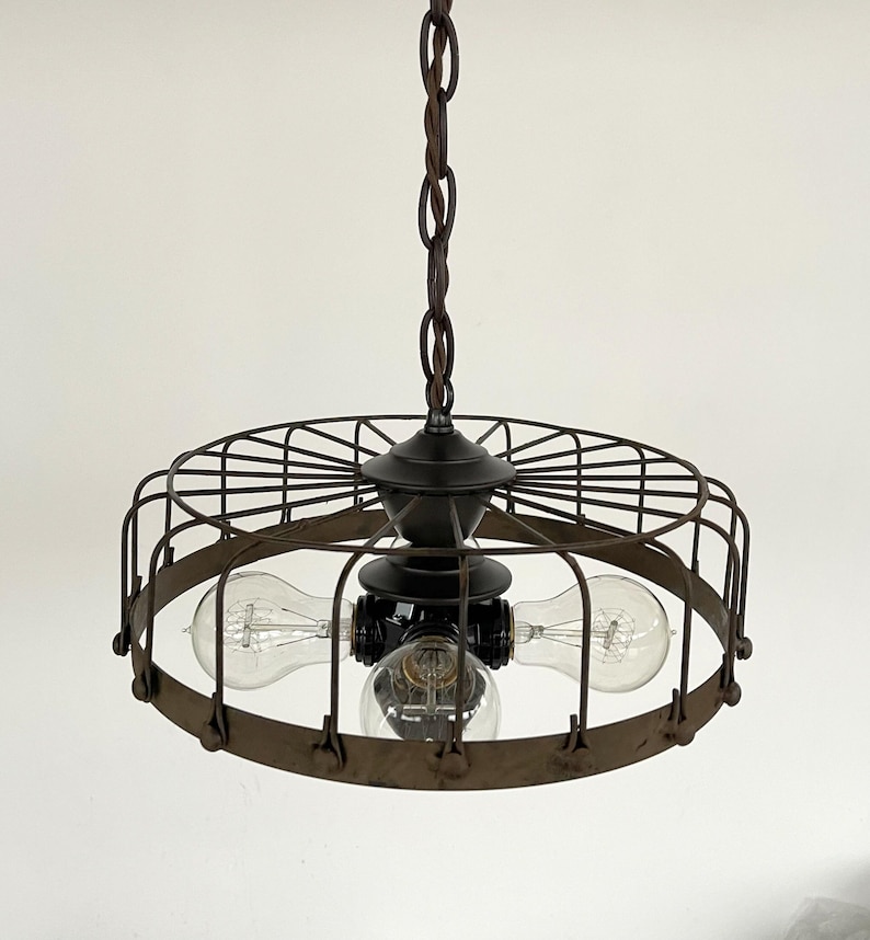 Rustic Industrial Cage Chandelier Light - Flush Mount Lighting Fixture Farmhouse Ceiling Kitchen Edison Bulb Rustic Dining Hanging Bathroom image 10
