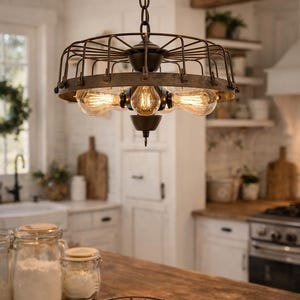 Rustic Industrial Cage Chandelier Light - Flush Mount Lighting Fixture Farmhouse Ceiling Kitchen Edison Bulb Rustic Dining Hanging Bathroom image 3
