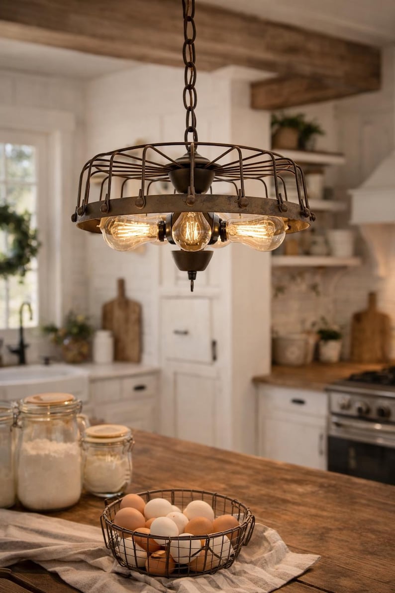 Rustic Industrial Cage Chandelier Light - Flush Mount Lighting Fixture Farmhouse Ceiling Kitchen Edison Bulb Rustic Dining Hanging Bathroom image 3