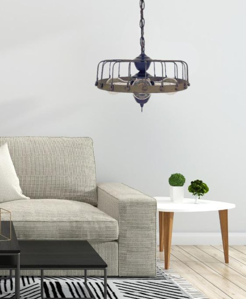 Rustic Industrial Cage Chandelier Light - Flush Mount Lighting Fixture Farmhouse Ceiling Kitchen Edison Bulb Rustic Dining Hanging Bathroom image 4