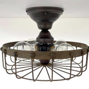 Rustic Industrial Cage Chandelier Light - Flush Mount Lighting Fixture Farmhouse Ceiling Kitchen Edison Bulb Rustic Dining Hanging Bathroom image 12