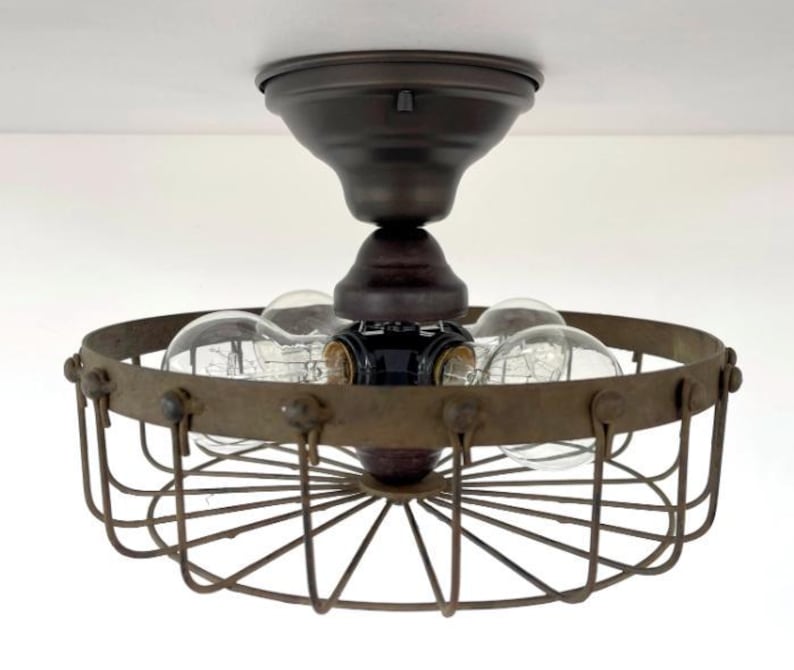Rustic Industrial Cage Chandelier Light - Flush Mount Lighting Fixture Farmhouse Ceiling Kitchen Edison Bulb Rustic Dining Hanging Bathroom image 12
