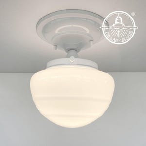 Schoolhouse Milk Glass Mushroom Ceiling Light Fixture White Enamel- Lighting Fixture Chandelier Flush Mount Modern Mid Century Kitchen Bath