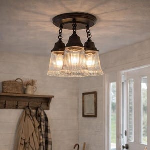 Antique HOLOPHANE 1960's CLEAR Glass Ceiling Light Fixtures Chain Trio-Kitchen Bathroom Lighting Flush Mount Lamp Farmhouse Vintage Cottage