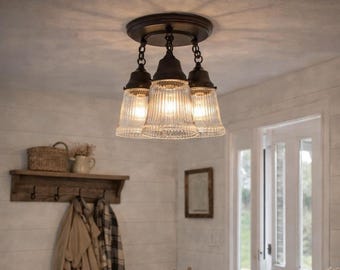 HOLOPHANE antique des années 1960 en verre clair luminaires chaîne trio-cuisine salle de bains éclairage encastré lampe ferme cottage vintage