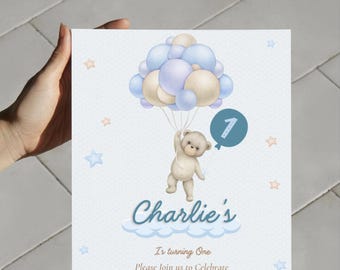 Teddy Bear First Birthday Invitation | Editable Canva Bear Party Invite (Digital Download)