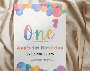 Pastel Rainbow First Birthday Invitation | Editable Canva Party Invite (Digital Download)