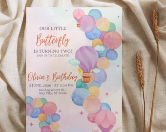 Pastel Hot Air Balloon Birthday Invitation | Watercolor Sky Party Invite (Digital Download)